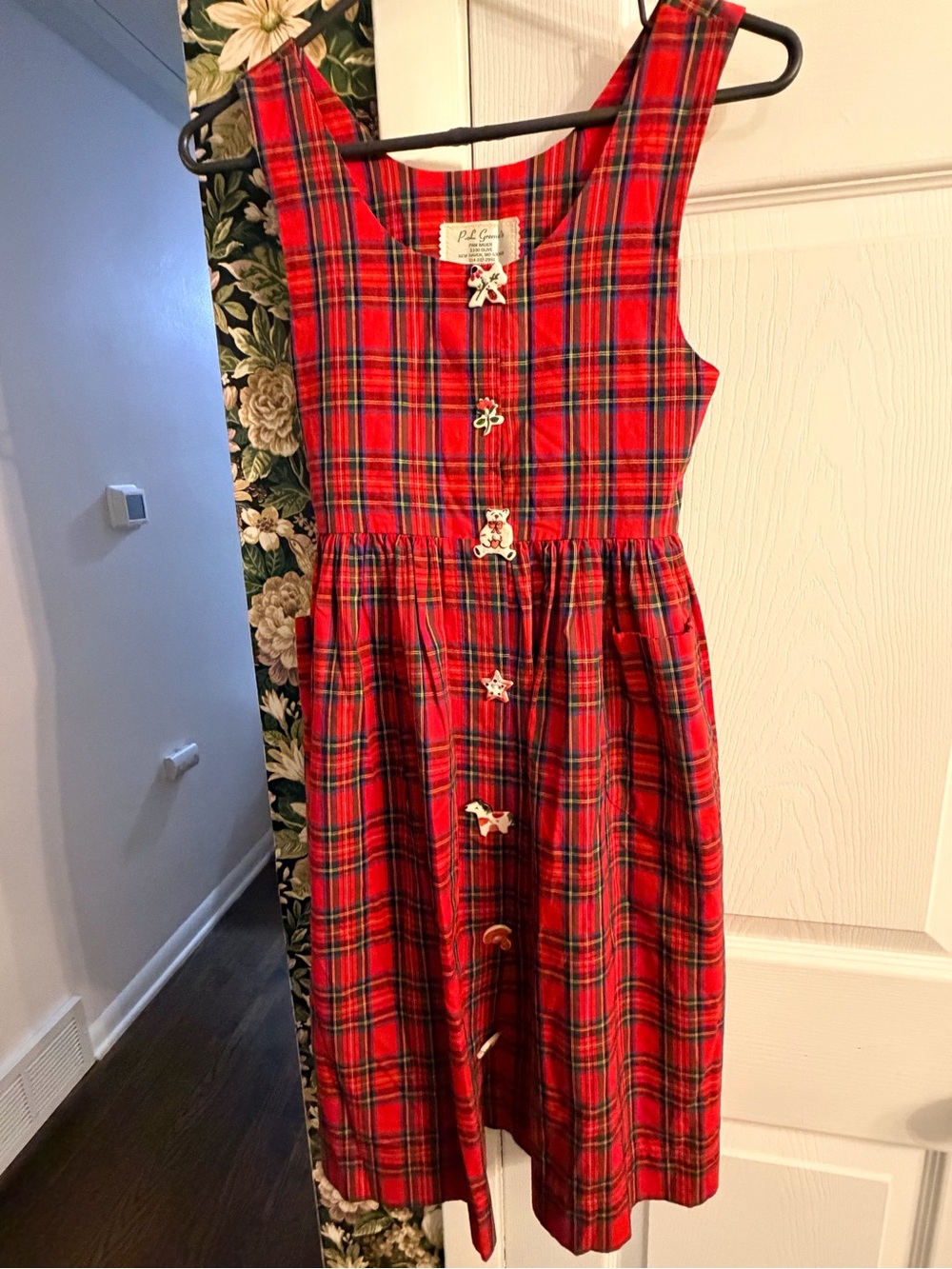 Vintage Handmade Tartan Plaid Jumper Dress w/ Hand-Painted Ceramic Buttons- 10